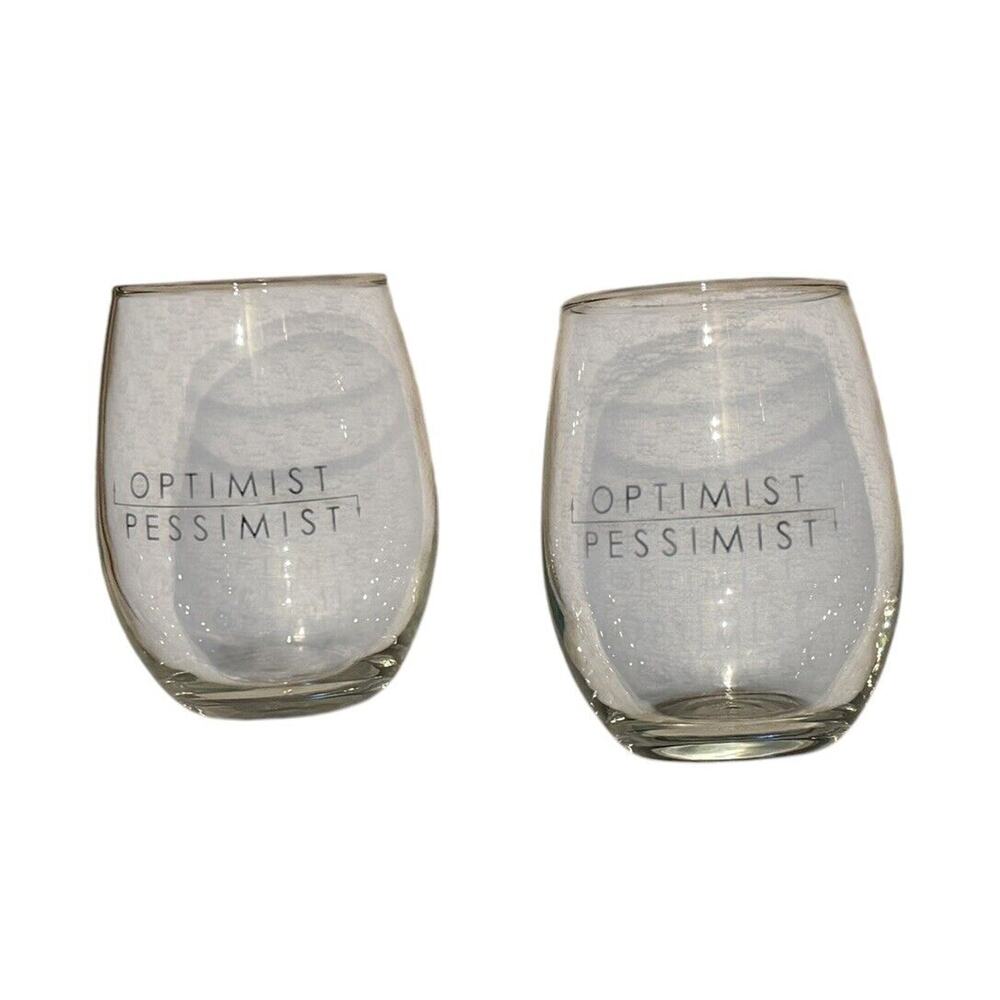 Optimist Pessimist Stemless Wine Glasses (2) Brunch Breakfast‎ Mimosas Glass